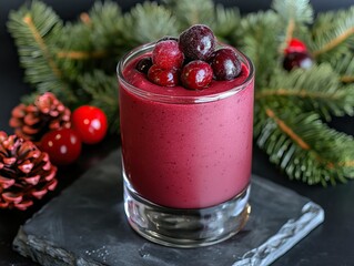 A vibrant berry smoothie topped with fresh berries, surrounded by festive greenery and pinecones, perfect for the holiday season.