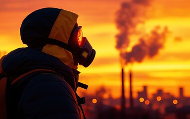 A figure in a gas mask gazes at an industrial skyline under a vibrant sunset, highlighting concerns about pollution and environmental impact.