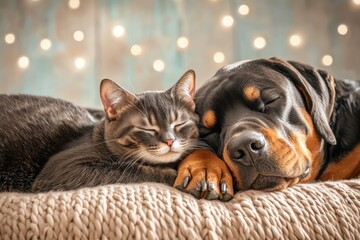 Sticker - Snuggly Cat and Dog Friendship Moment Concept. Sleeping cat and dog together in a cozy environment with soft lighting