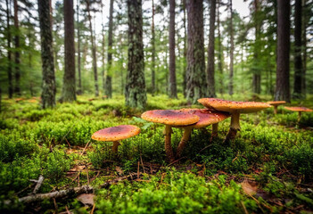 Sticker - A wide-angle shot of a massive mushroom grove in the heart of the forest, where the glowing caps create a canopy of light. Magical creatures dart between the trunks, and vines covered in glowing flowe