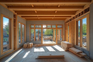 Poster - Interior view of modern home under construction showcases contemporary house design process and home planning. Concept highlights contemporary house design process for future spaces