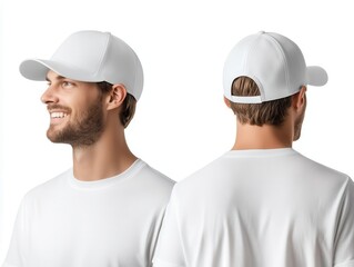 Baseball cap mockup concept. A man in a white cap and shirt poses, showcasing both front and back views of the hat in a casual, friendly manner.