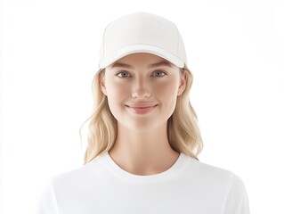 Baseball cap mockup concept. A smiling woman wearing a white cap and shirt, showcasing a casual and youthful style against a plain background.