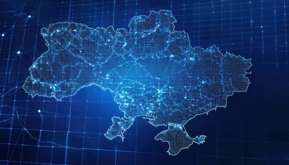 Tactical map of Ukraine featuring prominent locations and Moscow in a wireframe grid under a blue background