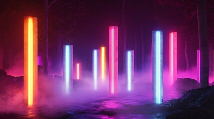 Canvas Print - Glowing neon columns in a misty forest at night.