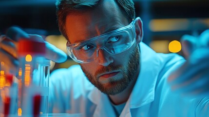 Canvas Print - professional researcher in a medical laboratory holding a blood sample tube, analyzing test results with scientific equipment, including a microscope and test tubes