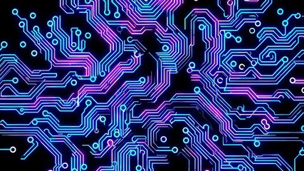 Leinwandbilder - Digital circuit board pattern with neon lights on black background. Futuristic technology and innovation concept
