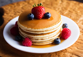 Wall Mural - A medium close-up of a beautifully decorated plate of pancakes with syrup and berries, ready for Dad