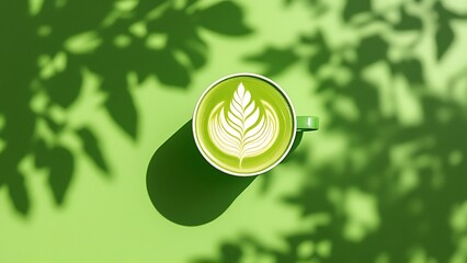 Flat lay cup of bright matcha latte with latte art on a green background in trendy grape green color for 2025