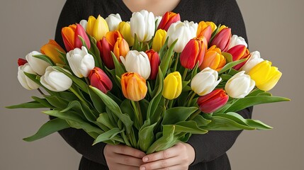 Wall Mural - A woman holding a vibrant bouquet of colorful tulips in various shades.