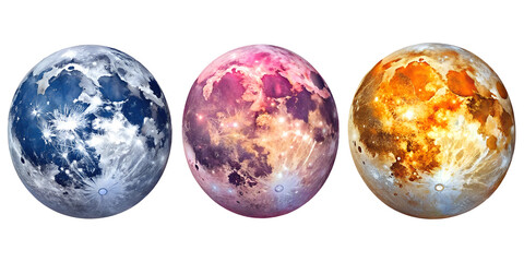 Wall Mural - Three Stunning Styles of Colorful Celestial Moon Designs, PNG Transparent