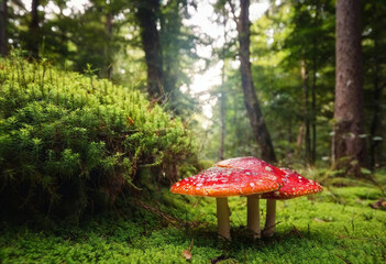 Sticker - Giant mushrooms with glowing caps in a mystical, vibrant forest, very detailed, full 8k wide focus, illustration, magic forest, closeup shot