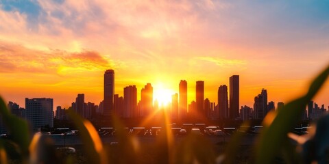 Aufkleber - Urban Silhouette at Sunset Vibrant Cityscape with Skyscrapers and Orange Sky - Contemporary Architecture Content and Real Estate Marketing Imagery