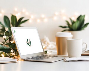 Poster - Laptop as Eco Workspace Hub Sleek Silver Laptop with Leaf Motif on Minimalist Desk - Sustainable Business Branding and Digital Marketing for Eco-Conscious Demographics