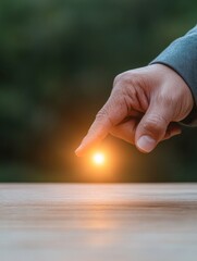 Aufkleber - Minimalist Tech Gesture Human Hand Interacting with Soft-Glow Holographic Interface on Wooden Surface Enhancing Modern Business Solutions and Digital Interfaces