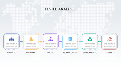  World Map Background PESTEL Analysis Infographic with Transparent Nodes and Dotted Design