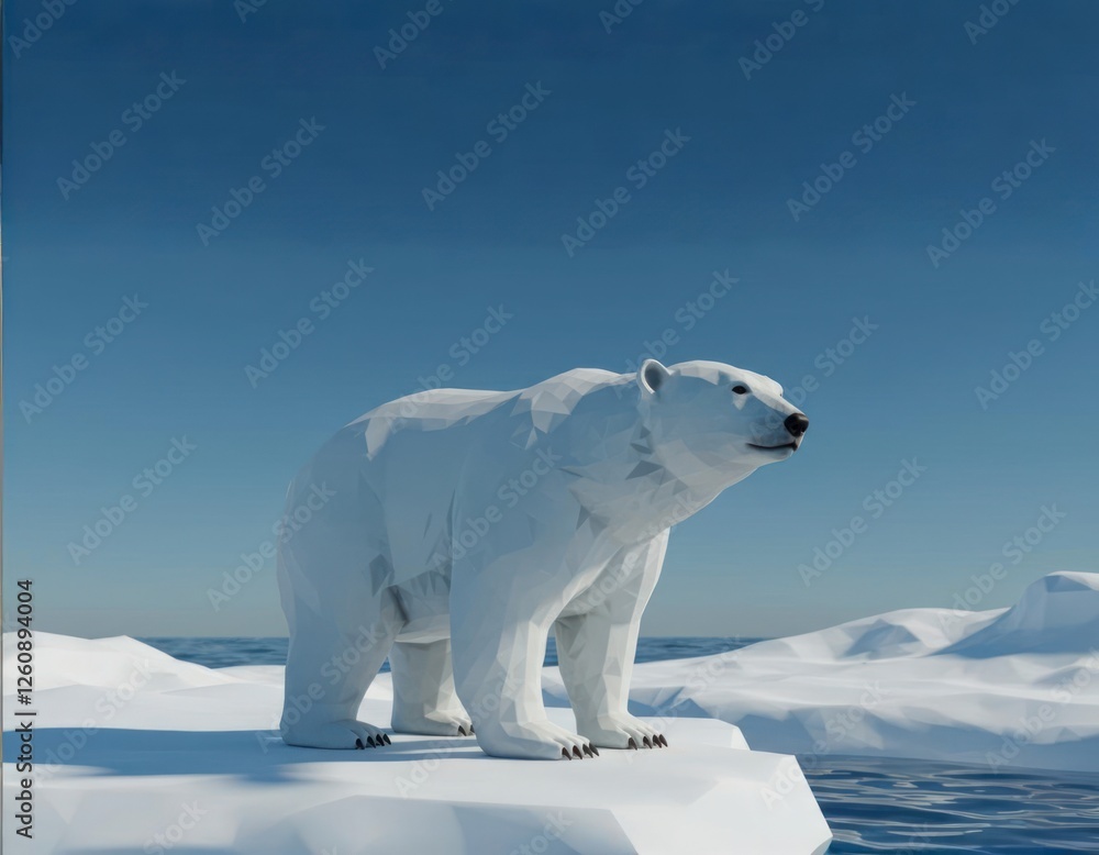 Polar bear standing on iceberg in a serene blue ocean background ...