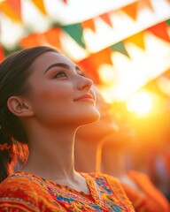 Vibrant Cultural Festival Portrait Young Woman in Traditional Costume with Decorative Flags Event Marketing and Tourism Content for Cultural Heritage Promotion