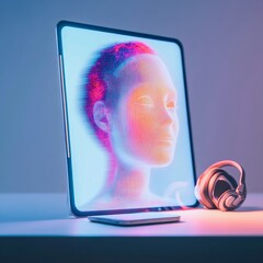 Fototapete - Futuristic AI Interface Sleek Tablet with Real-Time Language Translation and Virtual Speech Analysis for EdTech and Remote Work Innovation
