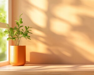 Leinwandbilder - Minimalist Workspace Design Matte Clay Pot on Oak Desk - Biophilic Office Aesthetics and Eco-Friendly Branding for Modern Sustainable Business Culture