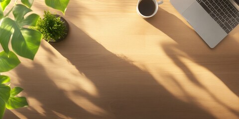 Fototapete - Minimalist Office Aesthetic Sunlit Wooden Desk with Laptop and Coffee - Inspiring Remote Workspaces and Digital Efficiency for Modern Professionals