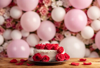 Wall Mural - An enchanting photo showcasing a heart-shaped cake embellished with icing roses and surrounded by vibrant petals. Heart-shaped balloons are artistically arranged in the background, creating a whimsica