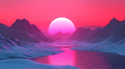 Canvas Print - Vibrant pink sunset over a serene mountain lake.