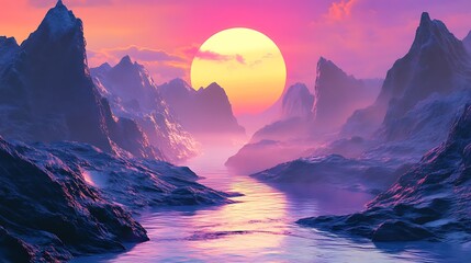 Canvas Print - Vibrant sunset over a serene mountain river valley.