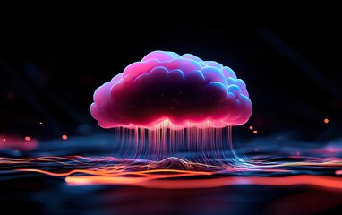 A vibrant, digital cloud with glowing colors and cascading light effects, set against a dark, atmospheric background.