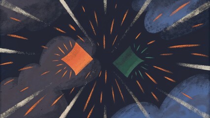 abstract bright green and orange shapes exploding in dark blue background