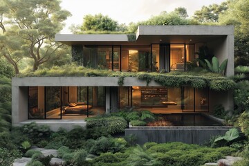 Sticker - Image showcases innovative garden house design process surrounded by lush greenery. Concept emphasizes home planning and integration of nature into modern architecture