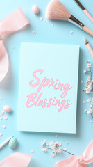 Wall Mural - Easter card design with spring blessings and art supplies for creative crafting