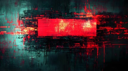 Poster - Stunning abstract digital painting featuring a bold and dynamic composition with glitch like effects vibrant brushstrokes and a striking color palette of deep red and rich green hues