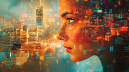 Aufkleber - Stunning digital of a futuristic neon lit cityscape with towering skyscrapers vibrant colors and a captivating surreal atmosphere  This visually striking image captures the essence of a cutting edge