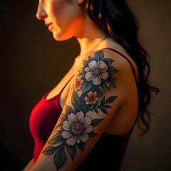 Wall Mural - A woman standing outdoor with sunlight and a flower tattoo on her arm