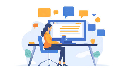 Poster - Young professional woman sitting at a desk in a home office environment working on a laptop computer  She is using technology to work remotely