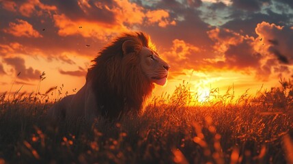Wall Mural - a striking wildlife photograph of a male lion with a golden mane, standing tall in the african savan