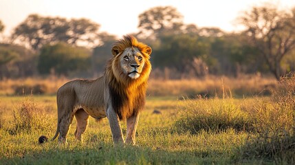 Wall Mural - a striking wildlife photograph of a male lion with a golden mane, standing tall in the african savan