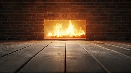 Canvas Print - Flames dance in the fireplace, creating a warm glow that reflects on the wooden floor, enhancing the calm evening atmosphere