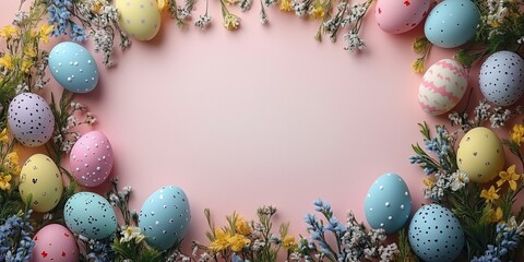 Wall Mural - Colorful Easter eggs surrounded by flowers on a pastel pink background