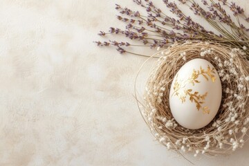 Wall Mural - Decorative Easter Egg With Gold Leaf in a Chic Nest Surrounded by Dried Lavender on a White Surface