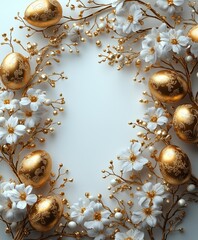 Wall Mural - Golden Easter eggs and white blossoms arranged in a decorative wreath for spring celebration