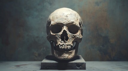 Wall Mural - A skull is sitting on a pedestal, looking at the camera