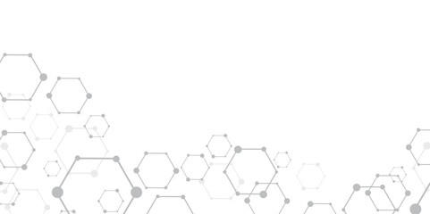 Leinwandbilder - Molecular structure abstract tech background. Geometric white background. Vector banner design with hexagons. Science network pattern, connecting lines and dots Medical background, Vector illustration