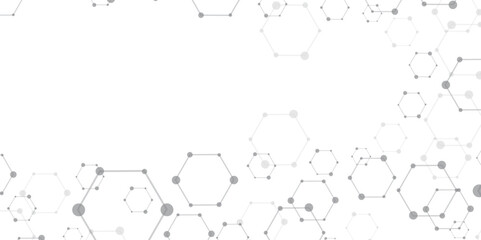 Leinwandbilder - Molecular structure abstract tech background. Geometric white background. Vector banner design with hexagons. Science network pattern, connecting lines and dots Medical background, Vector illustration