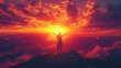 © PixelPulse AI - Victorious person standing on mountain peak with arms raised against a colorful sunset, symbolizing success