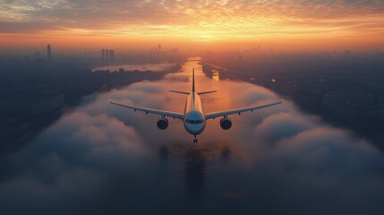 Wall Mural - Flight at sunset over clouds with vibrant colors illuminating the sky