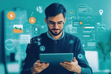 Leinwandbilder - Young man analyzing digital data on tablet in modern office environment showcasing technology trends and business insights