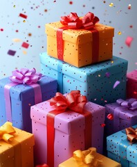 Wall Mural - Colorful gift boxes stacked together with confetti on a bright background