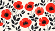 © +27.000 BOU - Red Poppies Floral Pattern: A vibrant and cheerful pattern featuring bright red poppies and dark leaves on a cream background. Perfect for textile prints, wallpapers, and other design projects.